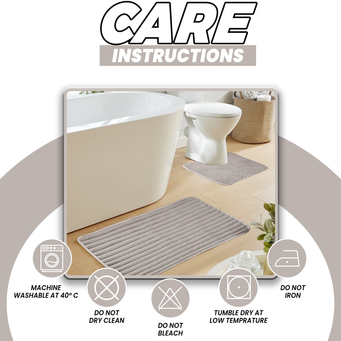 2 Piece Ribbed Bath Mat Set in Natural Extra Soft Non Slip Super Absorbent Bathroom & Toilet Mats Easy Care Rug by OLIVIA ROCCO