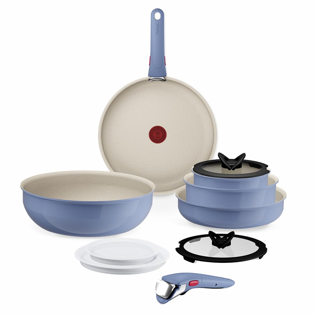 Tefal Ingenio Blue 4-Piece Non-Stick Cookware Set – Induction Frying Pan, Wok, Saucepan, Detachable Handle, Oven Safe, Stackable, Compact RV Kitchen Organiser, L8294S04
