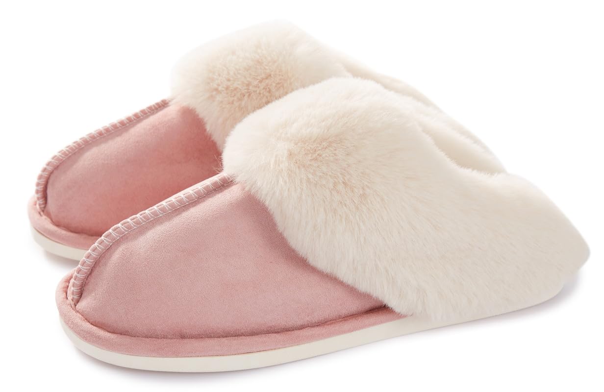 Womens Slipper Memory Foam Fluffy Slip-on House Suede Fur Lined/Anti-Skid Sole, Indoor & Outdoor
