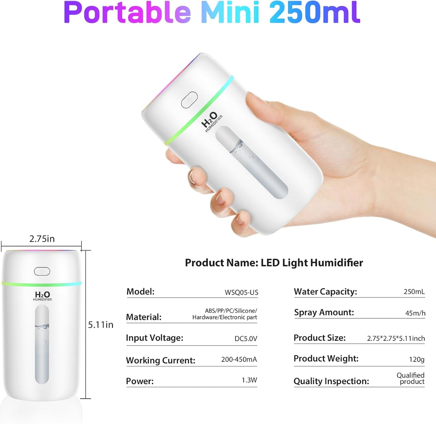 KISSLEAF Mini Room Humidifier 250ml for Bedroom, Children's Room, Plants, 15 H Lonue Duration 28 dB Silent Baby Air Humidifier