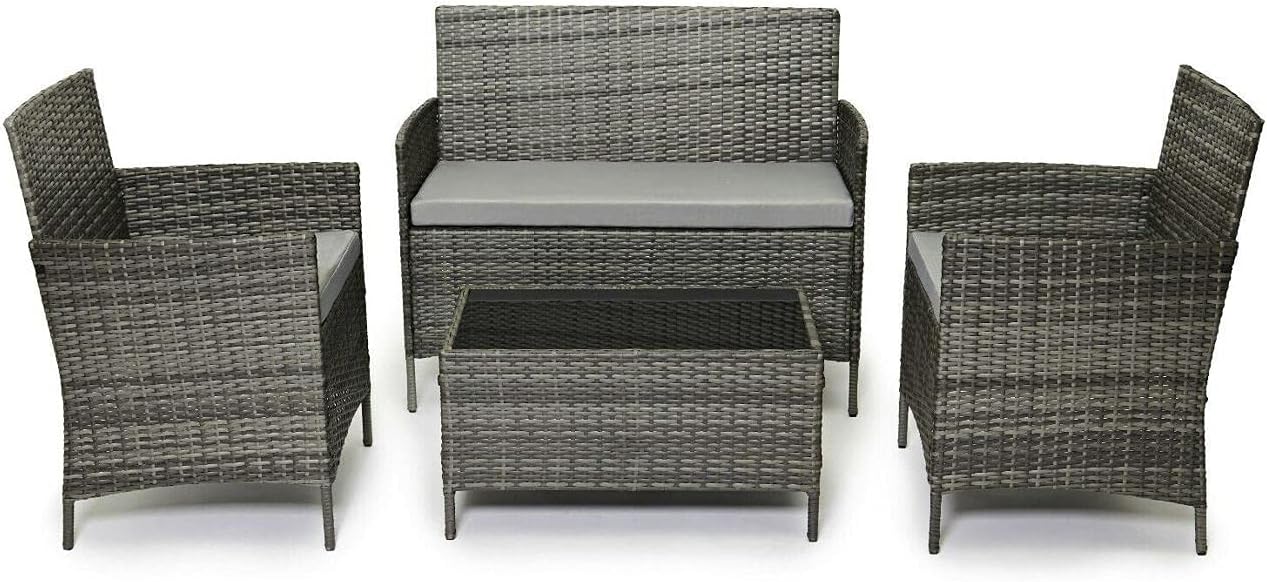 Grey Rattan Garden Furniture Set Patio Conservatory Balcony Indoor Outdoor 4 Seater Piece Glass Top Coffee Table Modular Sofa Loveseat with Cushions