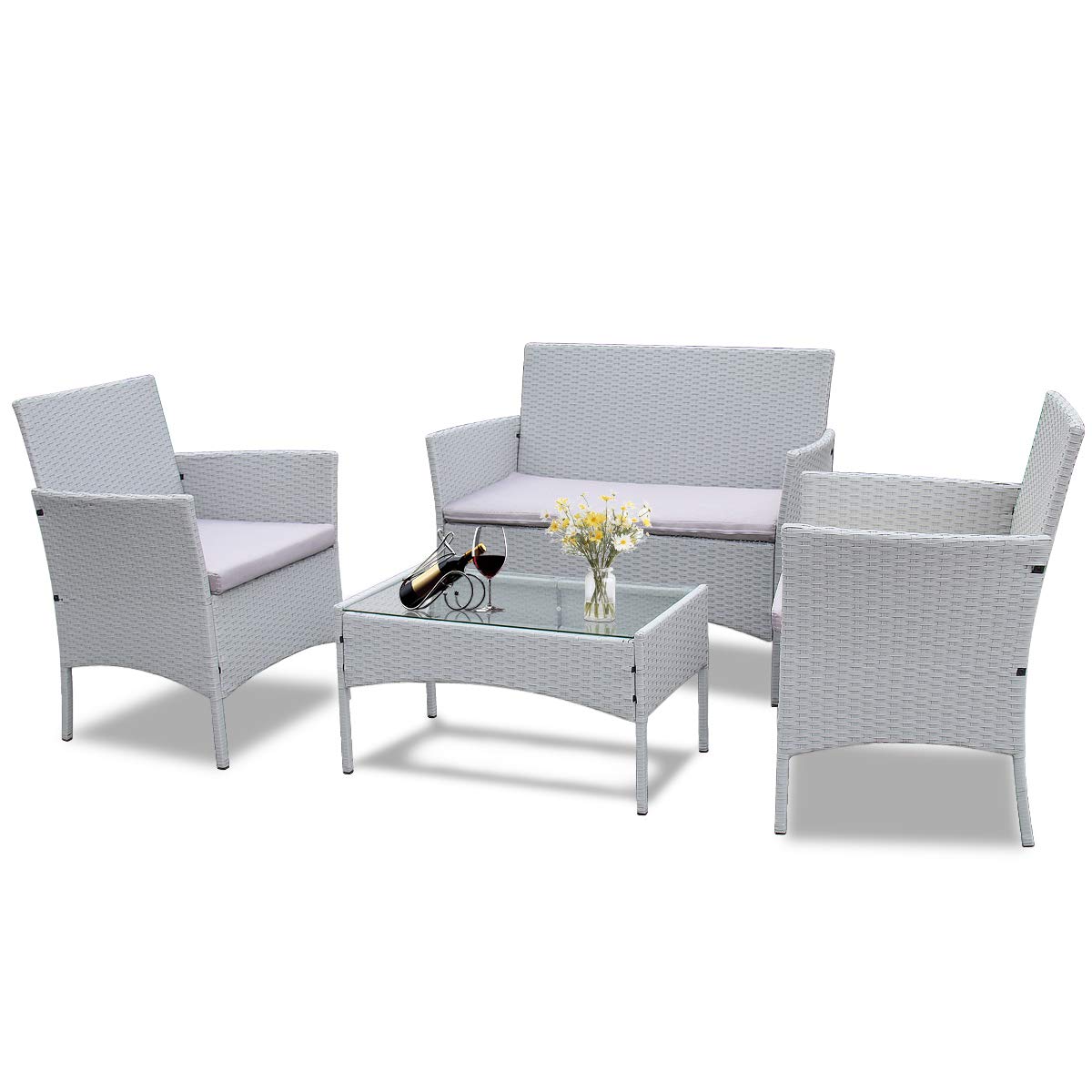 bigzzia Rattan Garden Furniture Set, 4 piece Patio Rattan furniture sofa Weaving Wicker includes 2 Armchairs,1 Double seat Sofa and 1 table (Black)
