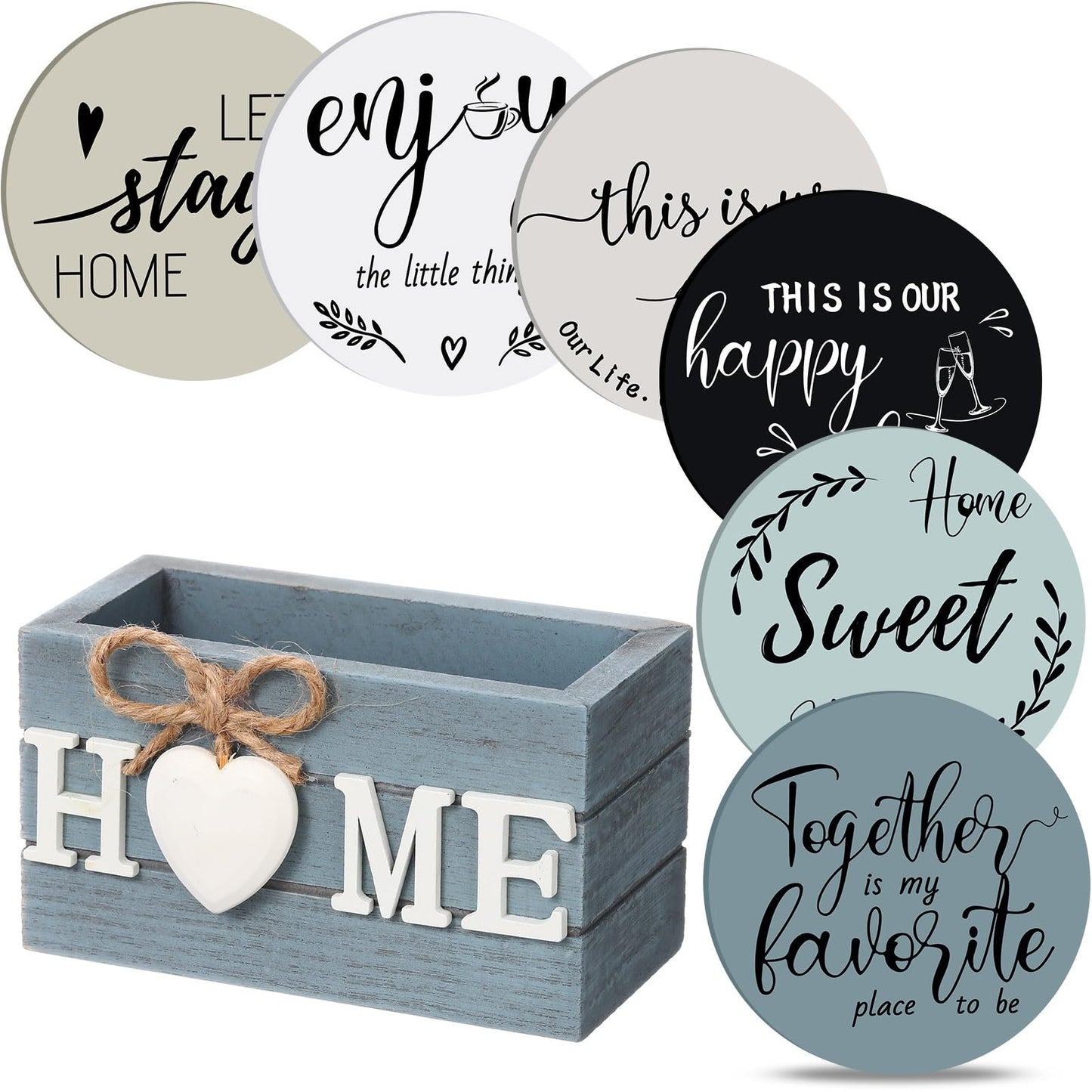 Queekay Housewarming Gifts for Home Decoration Wooden Heart Coasters for Drinks 6 Set Farmhouse Coasters with Holder Funny for Family Coffee Table Protection, 4''(Classic Farmhouse,Home)