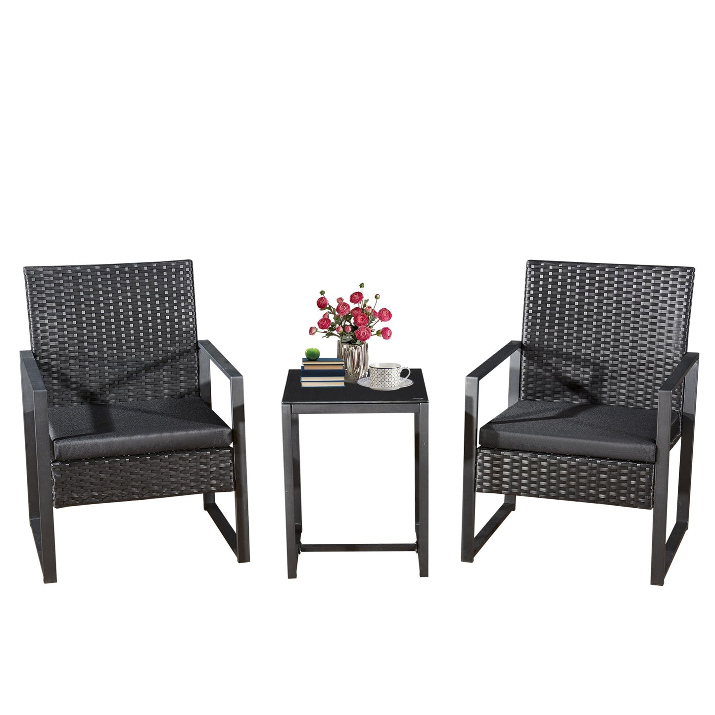 4 Piece Rattan Garden Furniture Sets, Patio Conservatory Set, Include Rattan loveset Sofa, Chair, Glass Coffee Table