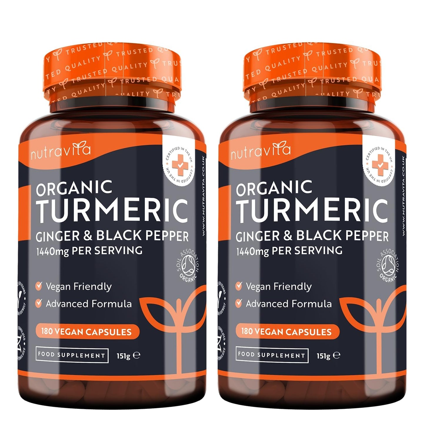 Organic Turmeric 1440mg (High Strength) with Black Pepper & Ginger - 180 Vegan Turmeric Capsules (3 Month Supply) – Organic Termeric with Active Ingredient Curcumin - Made in The UK by Nutravita