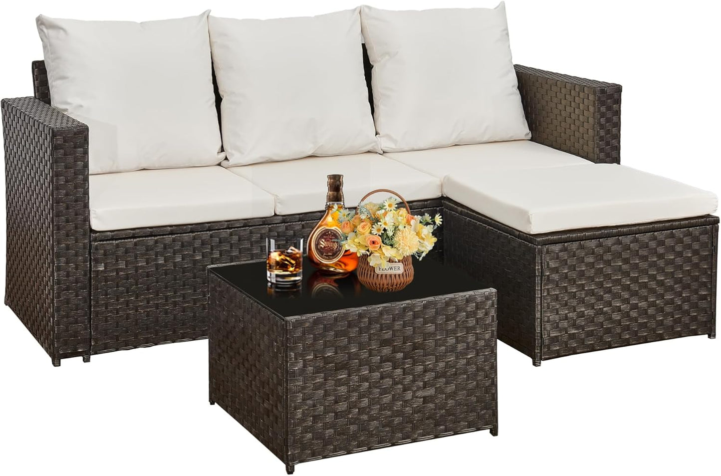 AOUXIN 3-Piece Rattan Garden Furniture Set, Outdoor Sectional Sofa with Coffee Table, Black Wicker, White Cushions