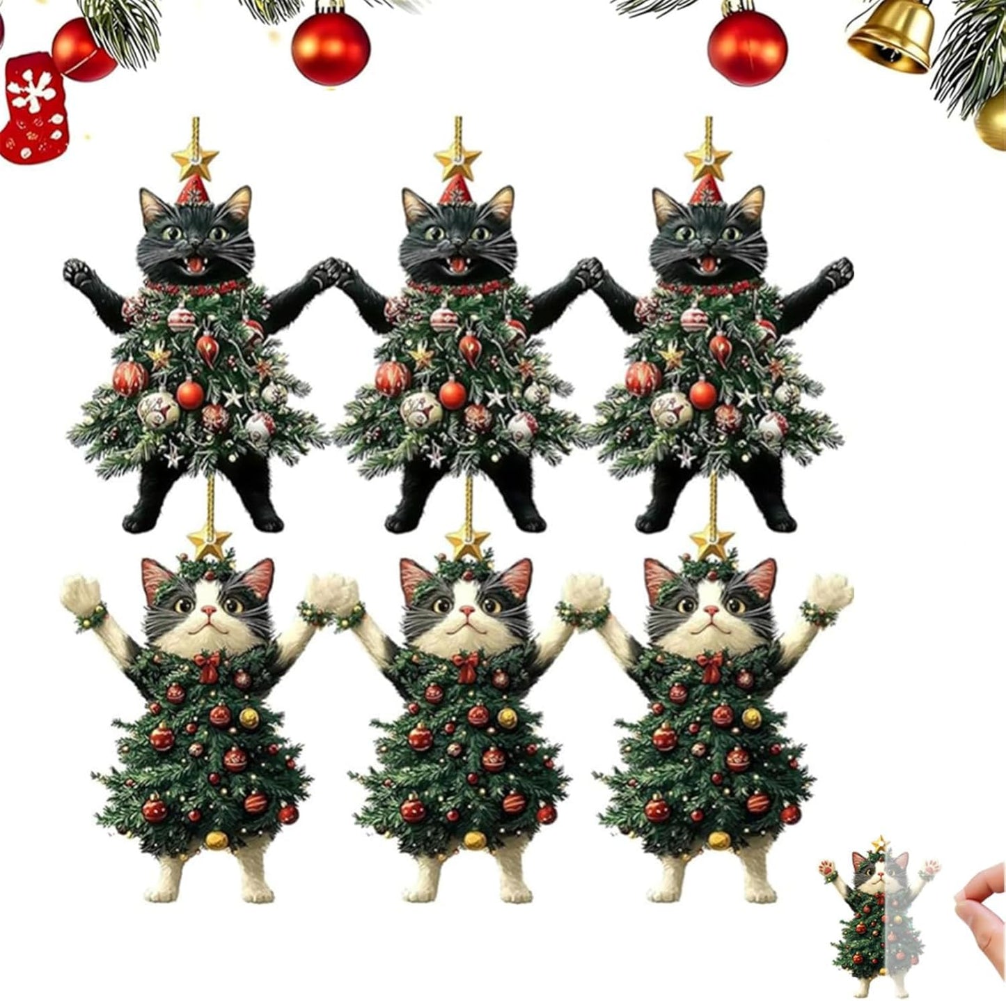 Black of Friday Cat Christmas Ornament, Xmas Tree Decorations 2D Acrylic Hanging Ornaments, Cute Black White Cats Hanging Ornaments, Wearing Christmas Trees Dress Cat Ornament (Mix*2pcs)