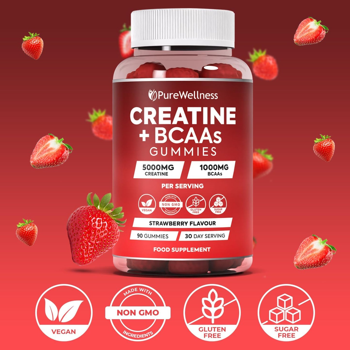 PureWellness Creatine and BCAA Gummies - 5000mg Creatine Monohydrate, 1000mg BCAAs per Serving - Chewable Vegan Sugar Free Gummies, Strawberry Flavour (1 Month Supply)