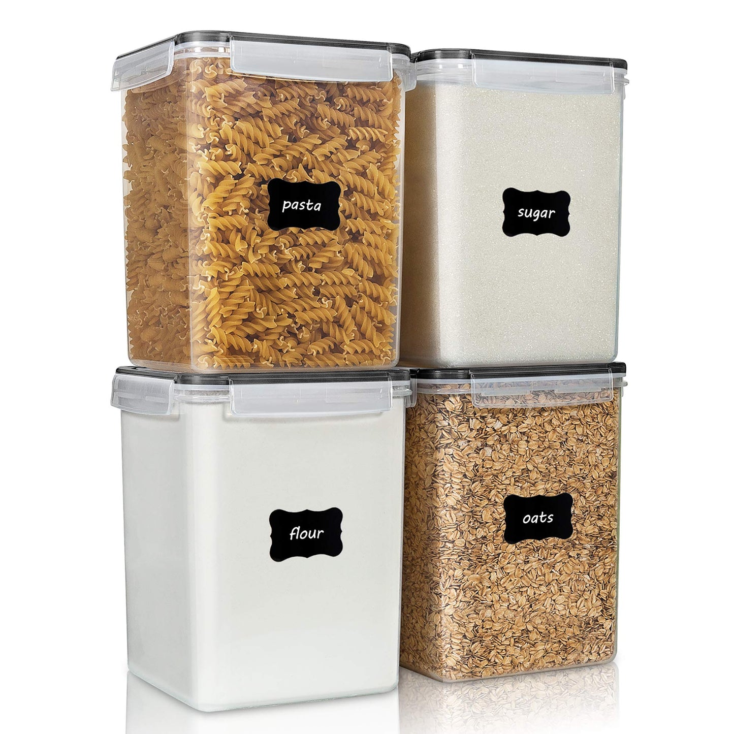 Vtopmart Set of 24 Airtight Food Storage Containers & Kitchen Storage Containers, BPA-Free Plastic Containers for Flour, Sugar and Baking Supplies, with 24 Labels (Black)