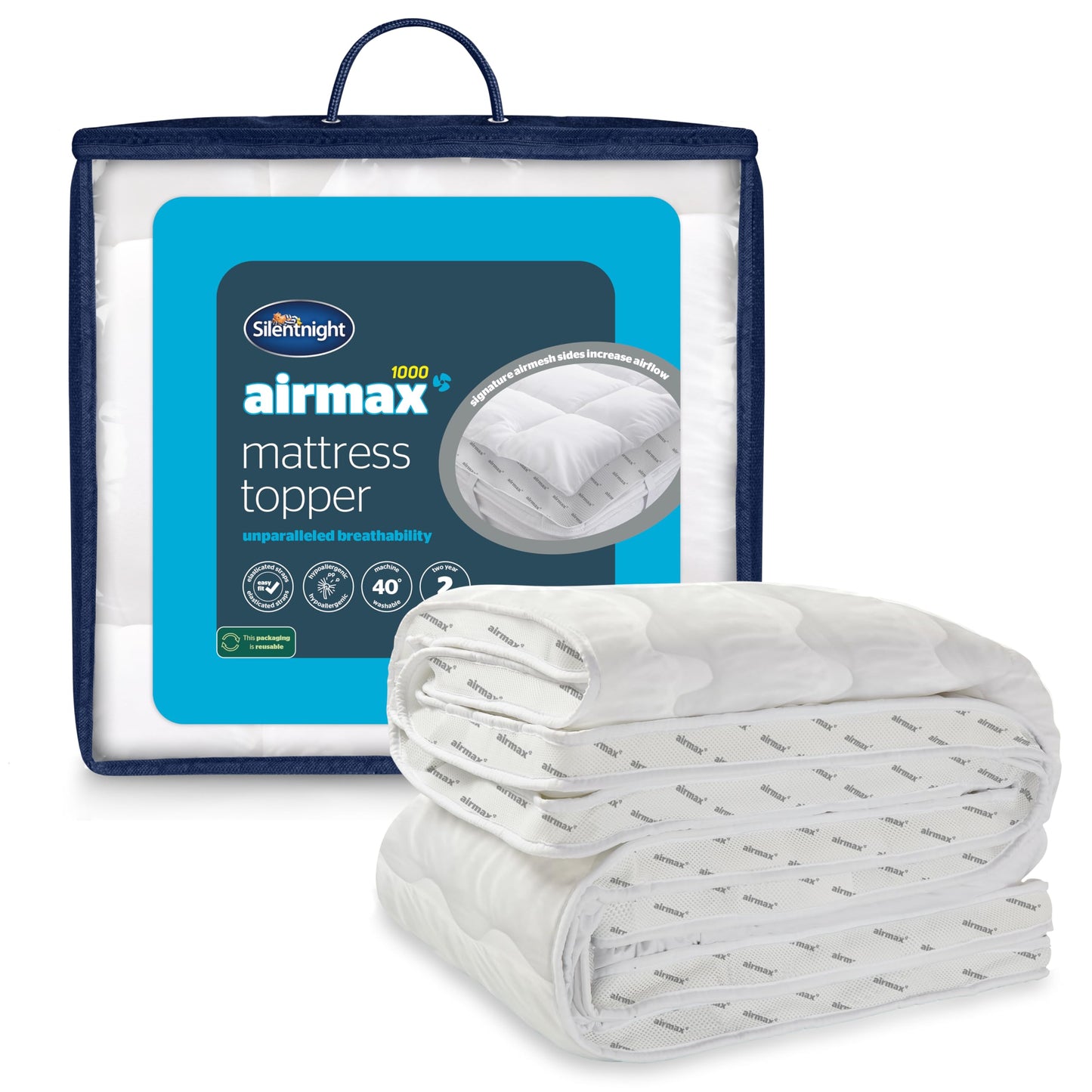 Silentnight Airmax 1000 Double Mattress Topper - Extra Thick Deep Fitted Mattress Enhancer with 10cm Thick Cushioning, Mesh Sides to Increase Airflow and Elasticated Straps - Double - 190x135cm