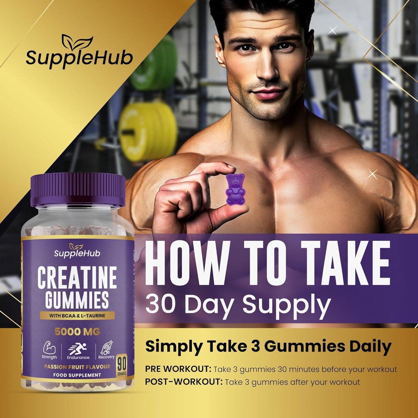 Creatine Gummies 5000mg - Creatine Monohydrate with BCAA & L-Taurine (90 Gummies), Vegan, Sugar Free, Gym Supplement, PassionFruit Flavour