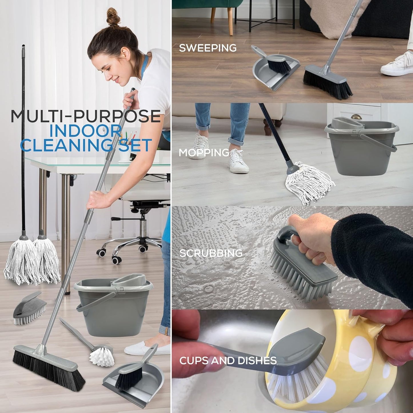 Sweeping Brush Indoor Cleaning Kit Set - Indoor Broom Soft Bristle, Dustpan and Brush Set, 2 Pack Refill Mop and Bucket, Scrubbing Brush & Dish Brush for All Around Home & Kitchen Use