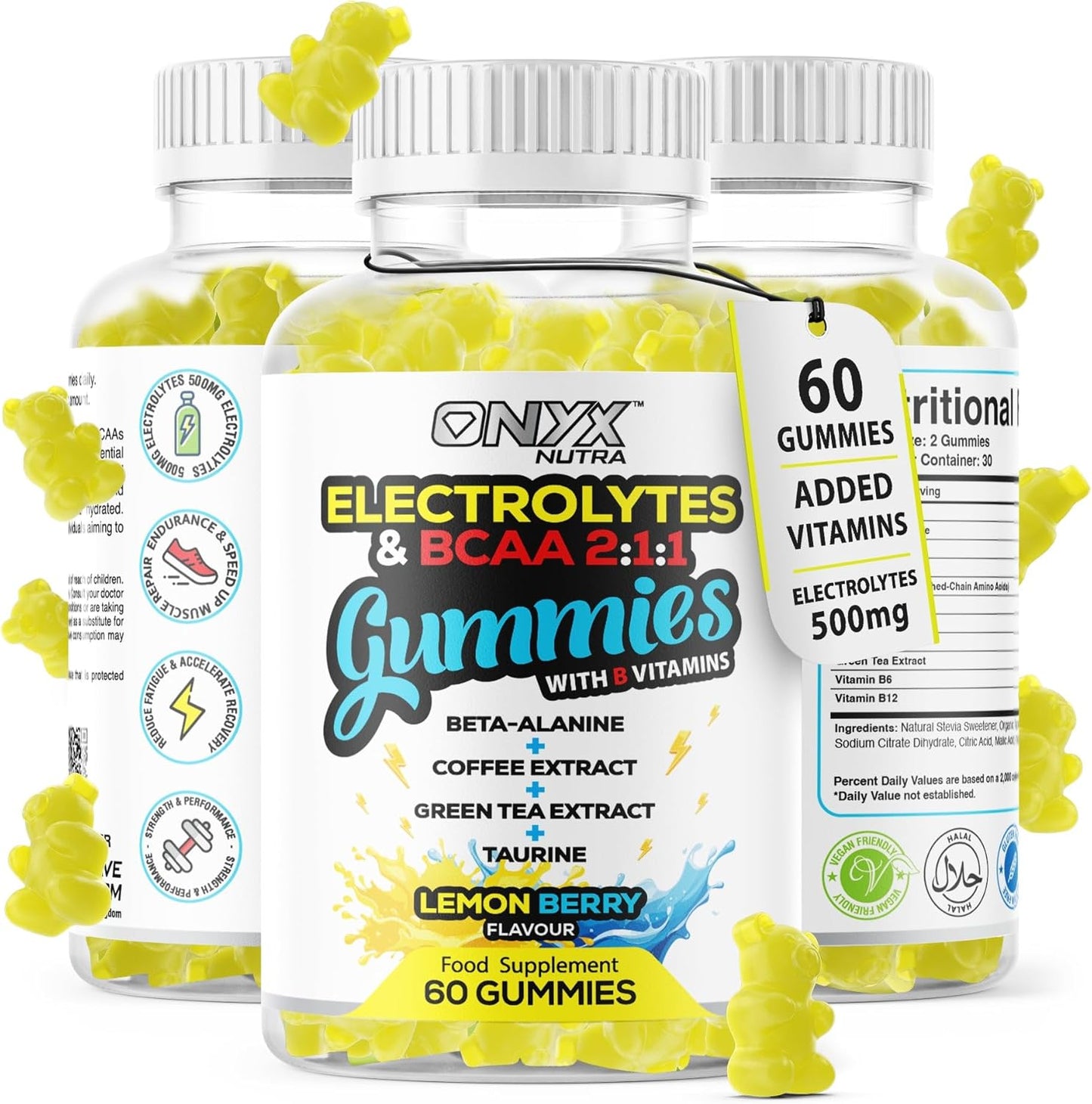 Electrolytes Gummies with BCAAs & B Vitamins - 500mg Electrolytes, Taurine, Green Tea & Coffee Extract - Vegan & Vegetarian - 60 Gummies, 30 Servings (1)