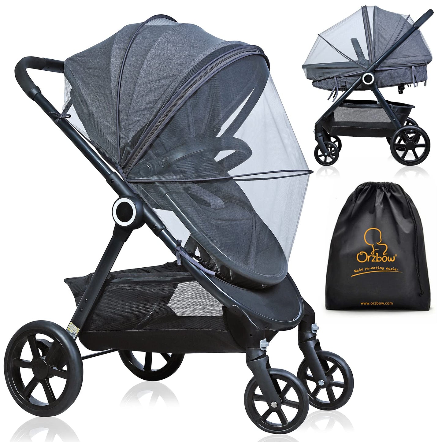 Orzbow Universal Baby Mosquito Net & Buggy Sun Shade with UPF50+,Breathable Pram Net Cover with Two-way Zipper & Adjustable Stroller Sun Cover with Bag for Pushchair,Car Seat & Carrycot (Black)