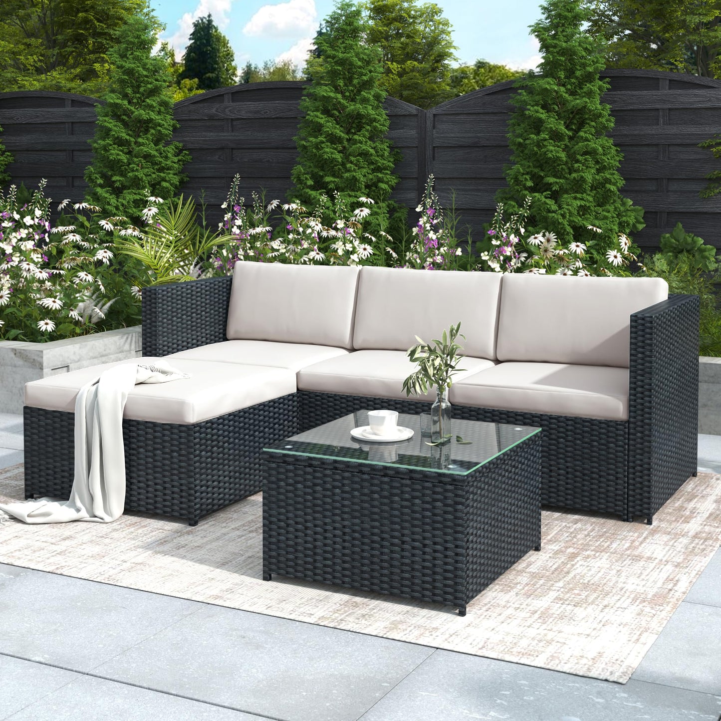 Garden Corner Sofa, Garden Furniture Set, PE Rattan Patio Sofa Set, Garden Entertaining Furniture Lounge Set with Coffee Table