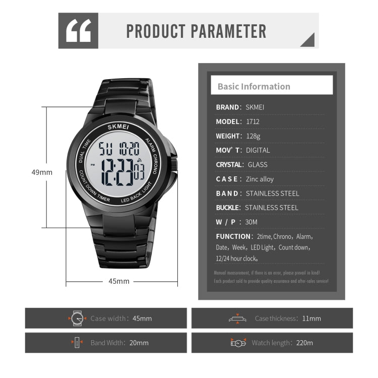 SKMEI 1712 Dual Time LED Digital Display Luminous Stainless Steel Strap Electronic Watch