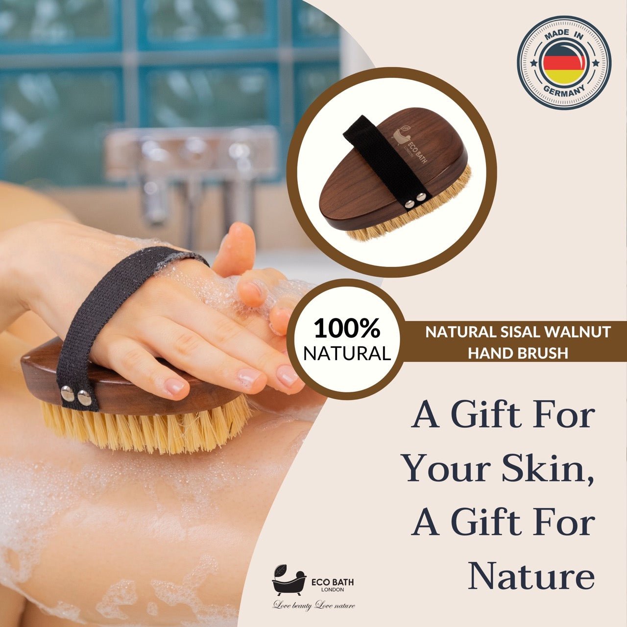 Eco Bath London Natural Sisal Walnut Hand Brush - Luxury Hand Brush for Dry Brushing