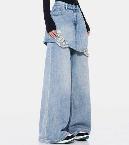 Two-Tone Vintage Wash Straight Leg Jeans – High Waist Denim