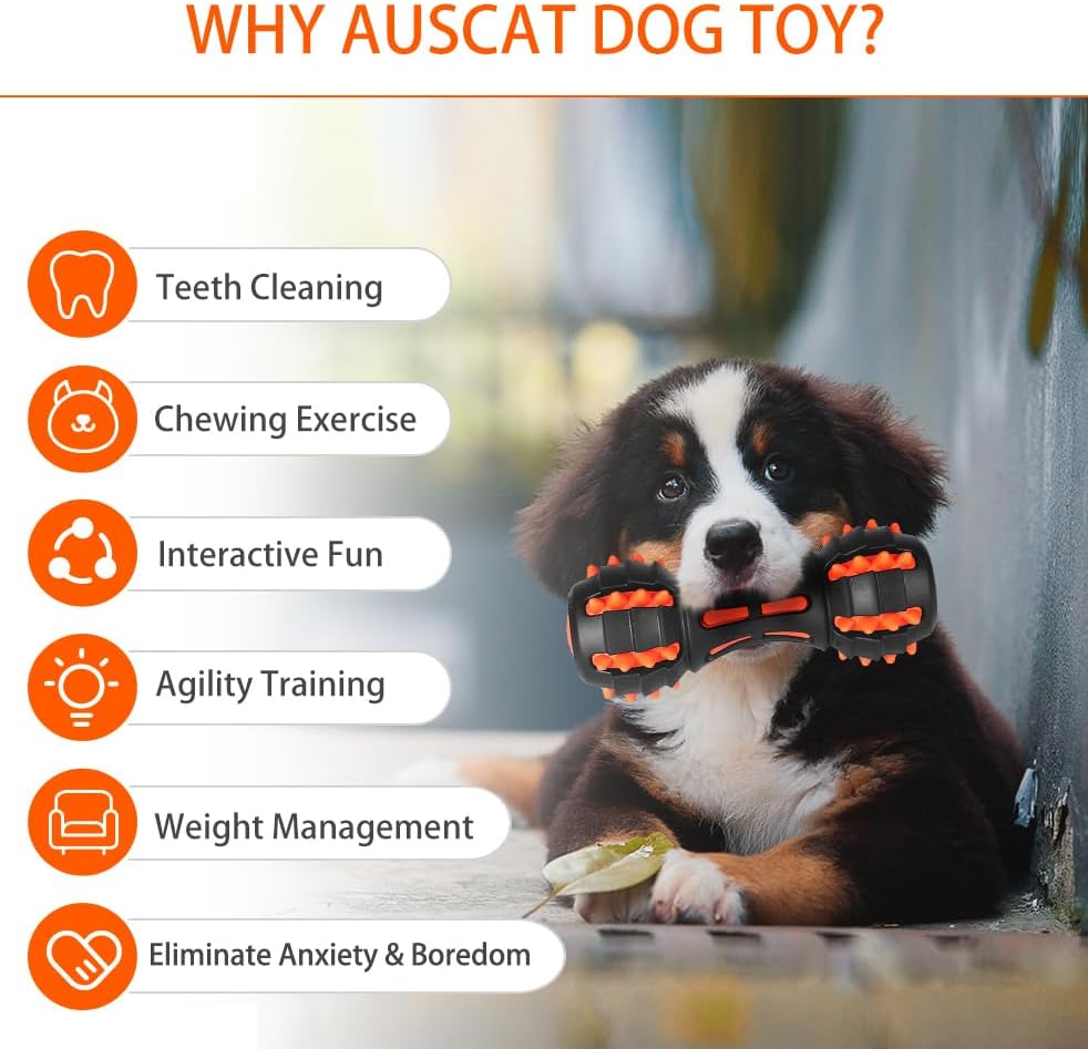 TUGME Dog Squeaky Toys For Aggressive Chewers Almost Indestructible Squeaky Toys For Dogs Teething Chew Toys For Medium Large Breed Durable Rubber Dog Toy Dumbbell Shape