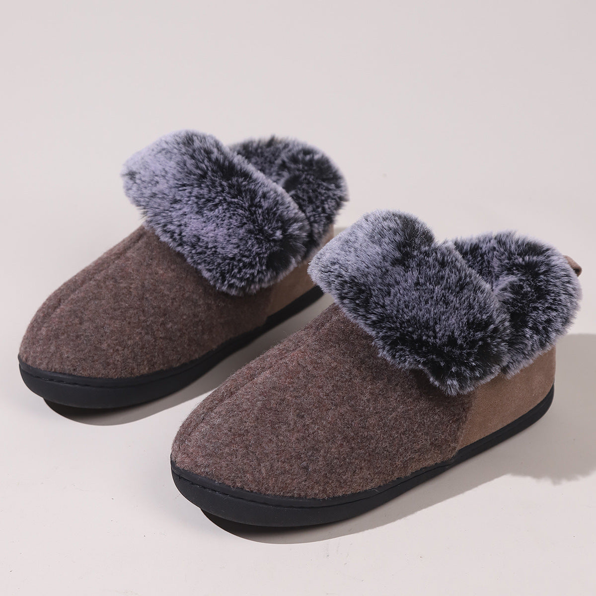 Neutral Felt Fur Collar Heel Cotton Shoes Wine Red Winter Indoor Shoes Comfortable Memory Foam