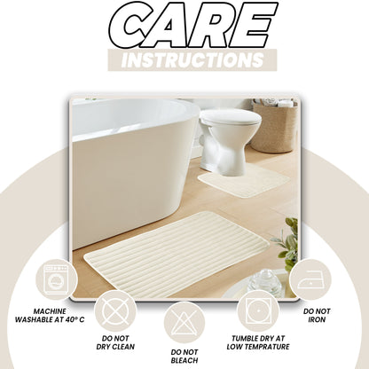 2 Piece Ribbed Bath Mat Set in Cream Extra Soft Non Slip Super Absorbent Bathroom & Toilet Mats Easy Care Rug by OLIVIA ROCCO
