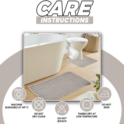 2 Piece Ribbed Bath Mat Set in Natural Extra Soft Non Slip Super Absorbent Bathroom & Toilet Mats Easy Care Rug by OLIVIA ROCCO