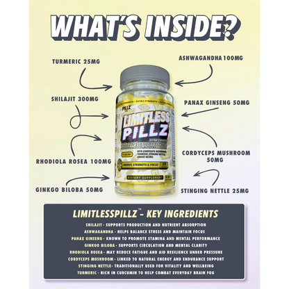 LimitlessPillz™ – 8-in-1 Shilajit Complex with Ashwagandha, Panax Ginseng, Rhodiola, Turmeric, Ginkgo, Nettle & Cordyceps Mushrooms