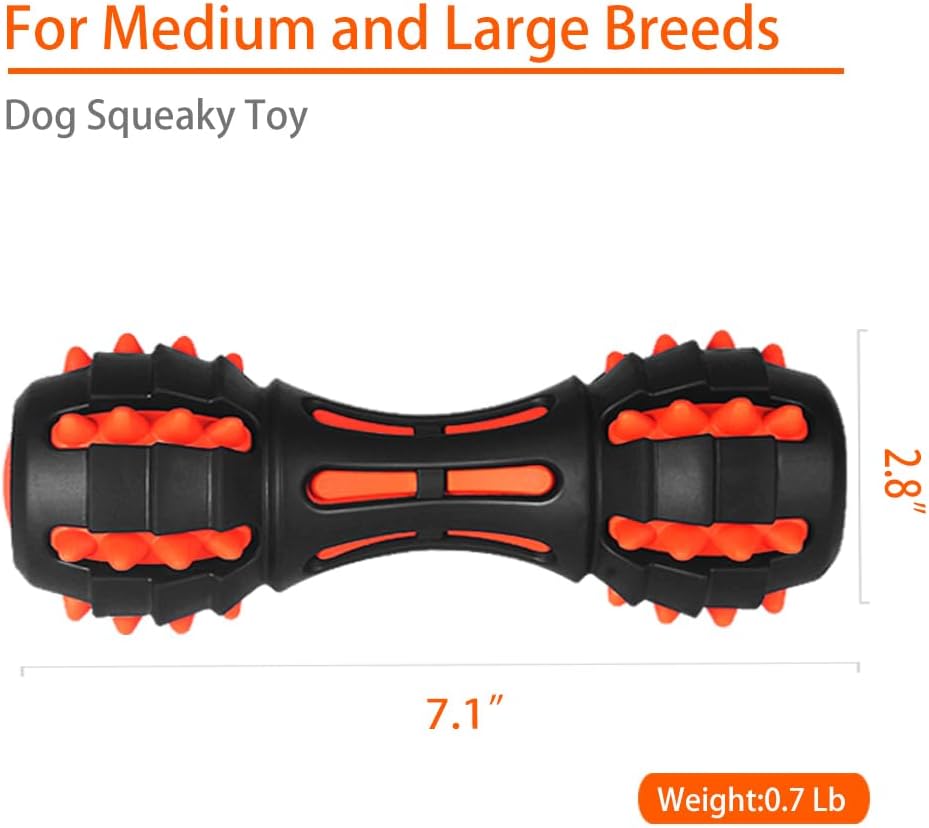 TUGME Dog Squeaky Toys For Aggressive Chewers Almost Indestructible Squeaky Toys For Dogs Teething Chew Toys For Medium Large Breed Durable Rubber Dog Toy Dumbbell Shape