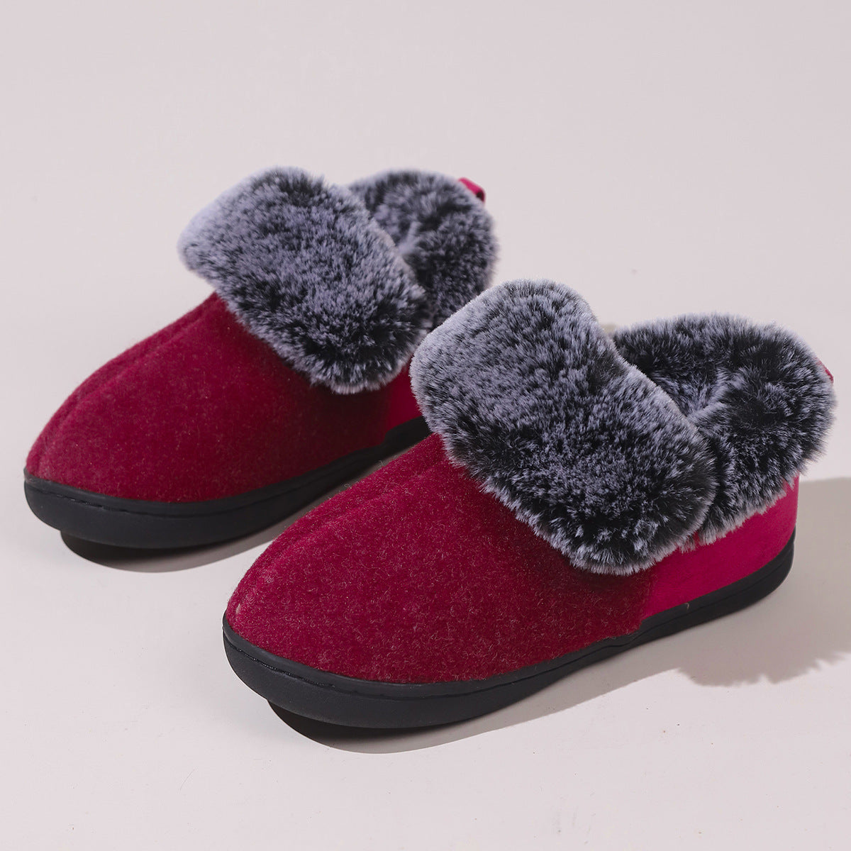 Neutral Felt Fur Collar Heel Cotton Shoes Wine Red Winter Indoor Shoes Comfortable Memory Foam