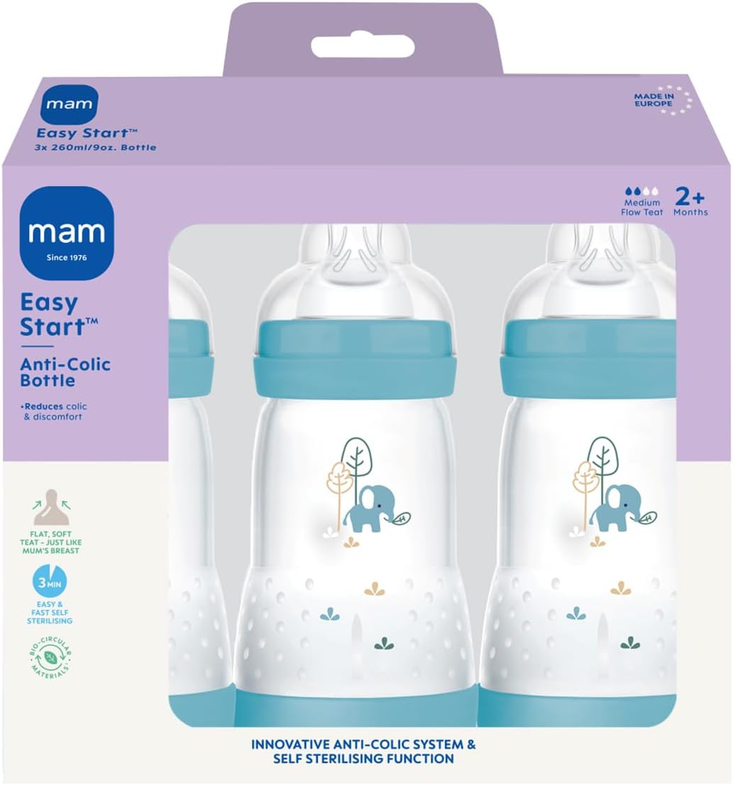 MAM Easy Start Anti-Colic Baby Bottles | 3 Pack (3 x 260) | Self-Sterlising Baby Milk Bottle | Medium Flow MAM Teats Size 2 | Newborn Essentials | Blue (Various Designs)