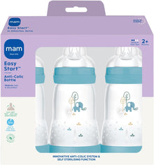 MAM Easy Start Anti-Colic Baby Bottles | 3 Pack (3 x 260) | Self-Sterlising Baby Milk Bottle | Medium Flow MAM Teats Size 2 | Newborn Essentials | Blue (Various Designs)