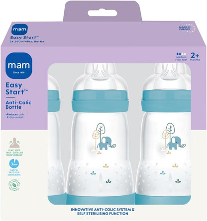 MAM Easy Start Anti-Colic Baby Bottles | 3 Pack (3 x 260) | Self-Sterlising Baby Milk Bottle | Medium Flow MAM Teats Size 2 | Newborn Essentials | Blue (Various Designs)