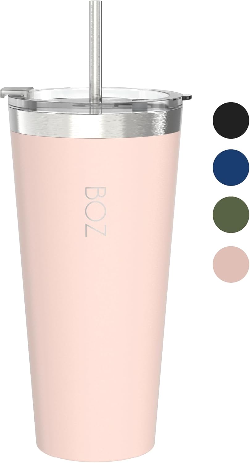 BOZ Tumbler - Tumbler with Lid and Straw - Insulated Tumbler Cup - Cups with Lid and Straw - Stainless Steel - Thermal Cup Perfect for Hot and Cold Drinks - BPA Free (650 ml / 22oz, Pink)