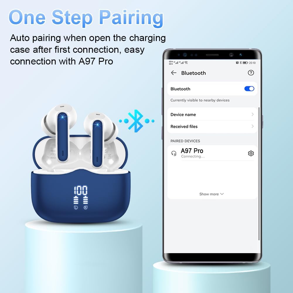 Wireless Earbuds, Bluetooth 5.3 Headphones in Ear with HiFi Stereo Deep Bass, 4 ENC Noise Cancelling Mic Wireless Earphones 40H Playtime, Bluetooth Earbuds Dual LED Display, IP7 Waterproof, Blue