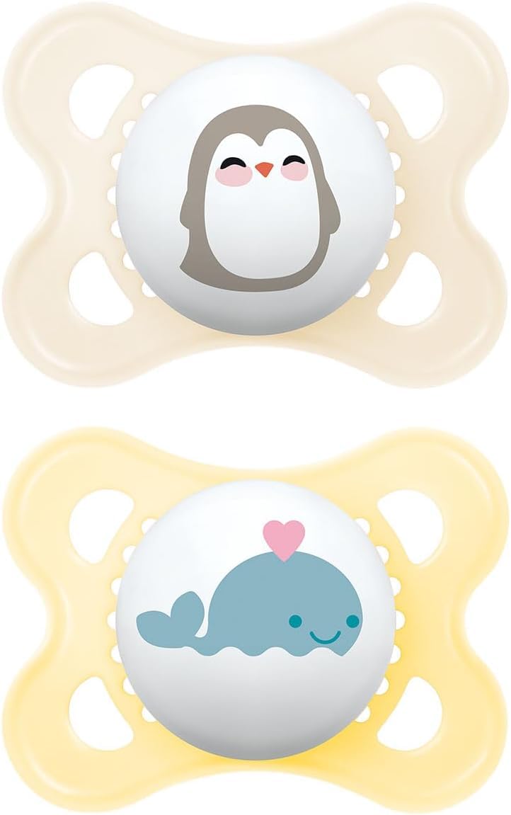 MAM Original Soothers | 0-6 Months | 2 Pack | Comes in Dummy Steriliser Case | Sustainable Materials | Baby Accessories for Newborn | Blue/Cream (Various Designs)