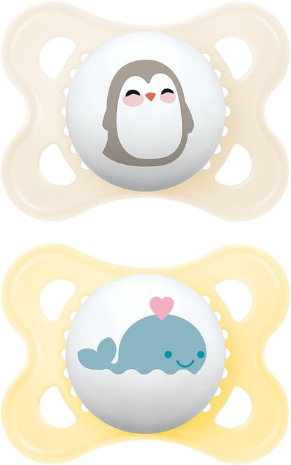 MAM Original Soothers | 0-6 Months | 2 Pack | Comes in Dummy Steriliser Case | Sustainable Materials | Baby Accessories for Newborn | Blue/Cream (Various Designs)