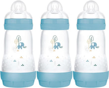 MAM Easy Start Anti-Colic Baby Bottles | 3 Pack (3 x 260) | Self-Sterlising Baby Milk Bottle | Medium Flow MAM Teats Size 2 | Newborn Essentials | Blue (Various Designs)
