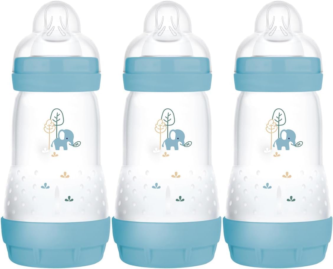 MAM Easy Start Anti-Colic Baby Bottles | 3 Pack (3 x 260) | Self-Sterlising Baby Milk Bottle | Medium Flow MAM Teats Size 2 | Newborn Essentials | Blue (Various Designs)