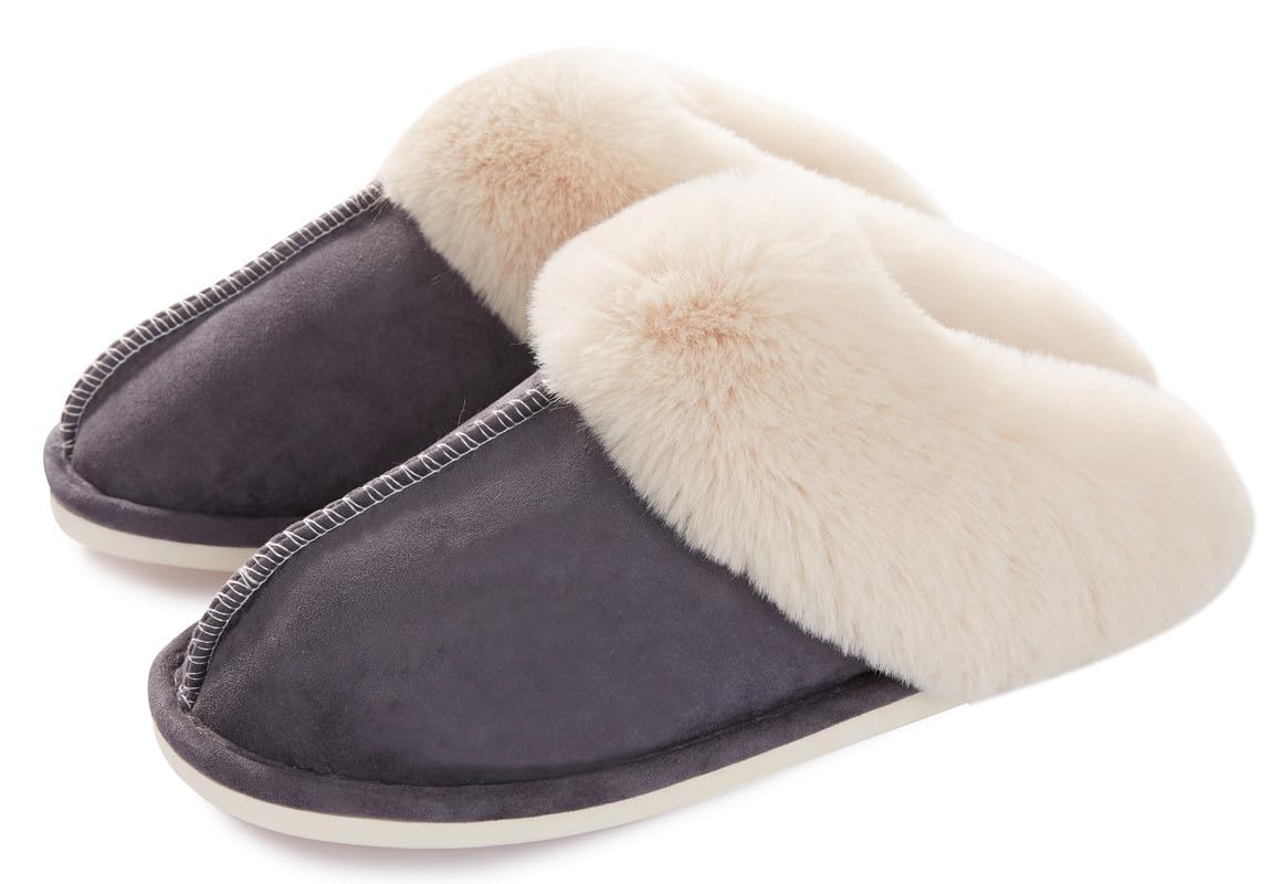 Womens Slipper Memory Foam Fluffy Slip-on House Suede Fur Lined/Anti-Skid Sole, Indoor & Outdoor