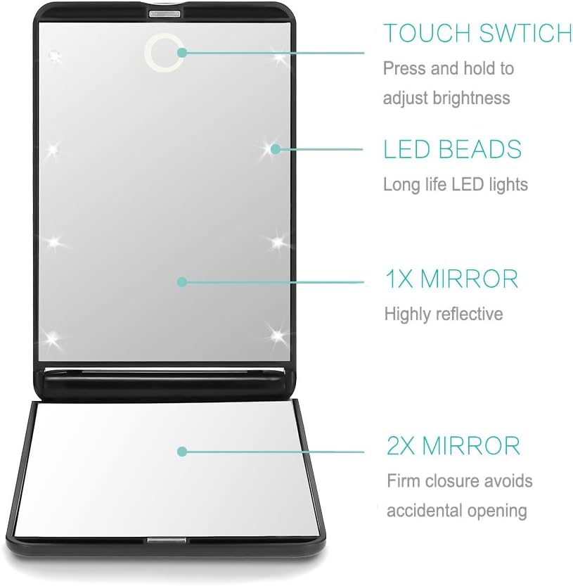Victoper Rantizon Portable Makeup Mirror Dimmable 8 LEDs Lighted Mirror 1X & 2X Magnification Cosmetic Illuminated Handbag Mirror Foldable Double Facettes Pocket Mirror Compact Mirror…