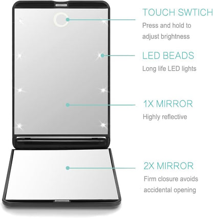 Victoper Rantizon Portable Makeup Mirror Dimmable 8 LEDs Lighted Mirror 1X & 2X Magnification Cosmetic Illuminated Handbag Mirror Foldable Double Facettes Pocket Mirror Compact Mirror…