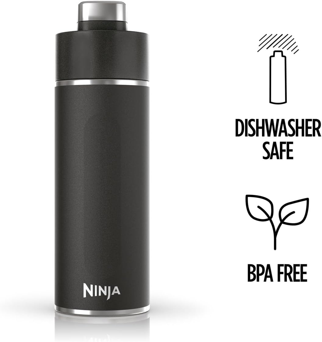 Ninja Thirsti Water Bottle and Flask 709 ML With Leak-Proof Lid, Designed For Carbonated, Hot & Cold Drinks, Ideal For Travel & Sports, Triple Insulated, Stainless Steel Bottle, Black, DW2401EUUKBK