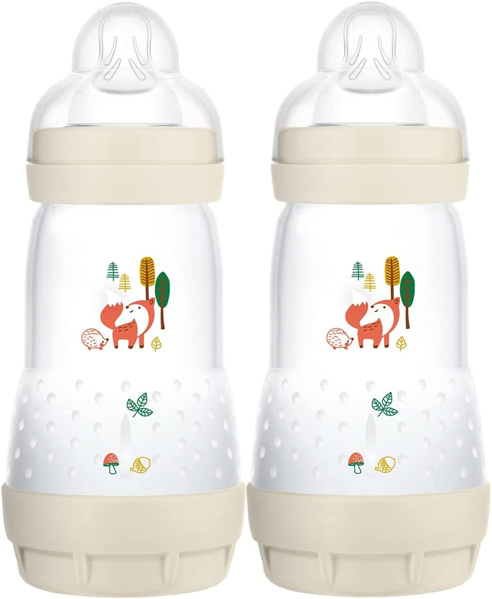 MAM Easy Start Anti-Colic Baby Bottles | 3 Pack (3 x 260) | Self-Sterlising Baby Milk Bottle | Medium Flow MAM Teats Size 2 | Newborn Essentials | Blue (Various Designs)