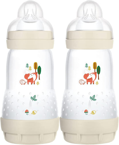 MAM Easy Start Anti-Colic Baby Bottles | 3 Pack (3 x 260) | Self-Sterlising Baby Milk Bottle | Medium Flow MAM Teats Size 2 | Newborn Essentials | Blue (Various Designs)