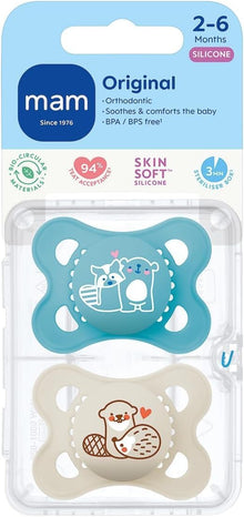 MAM Original Soothers | 0-6 Months | 2 Pack | Comes in Dummy Steriliser Case | Sustainable Materials | Baby Accessories for Newborn | Blue/Cream (Various Designs)