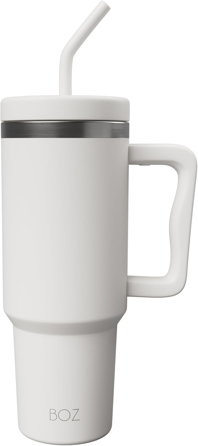 BOZ 40 oz Tumbler with Handle and Straw Lid - Cupholder-Friendly, Insulated Stainless Steel Water Bottle, Reusable Travel Mug, Ideal for Hot & Cold Beverages (White)