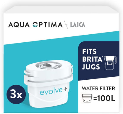 Aqua Optima Evolve+ Water Filter Cartridges, 3 Pack - Fits Brita Jugs & Alternative for Maxtra Filters - Reduces Limescale, Chlorine and Other Impurities - By Laica (Packaging May Vary)
