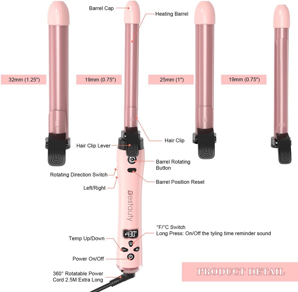 Bestauty Automatic Hair Curler, 4 in 1 Hair Curler with 19-32mm Interchangeable Ceramic Curling Tongs, 360° Rotating 160-220° C Curling Iron, Dual Voltage(Pink)