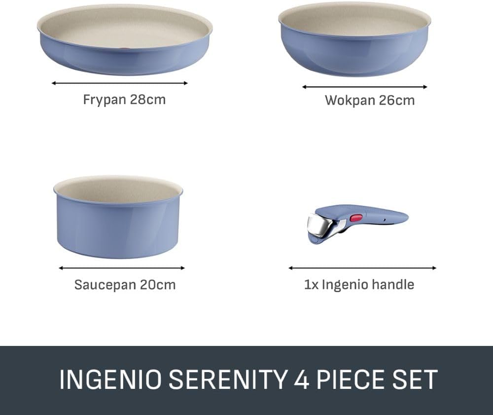 Tefal Ingenio Blue 4-Piece Non-Stick Cookware Set – Induction Frying Pan, Wok, Saucepan, Detachable Handle, Oven Safe, Stackable, Compact RV Kitchen Organiser, L8294S04