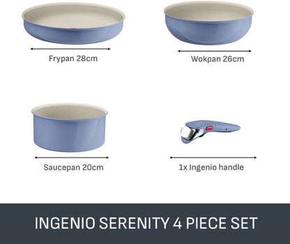 Tefal Ingenio Blue 4-Piece Non-Stick Cookware Set – Induction Frying Pan, Wok, Saucepan, Detachable Handle, Oven Safe, Stackable, Compact RV Kitchen Organiser, L8294S04